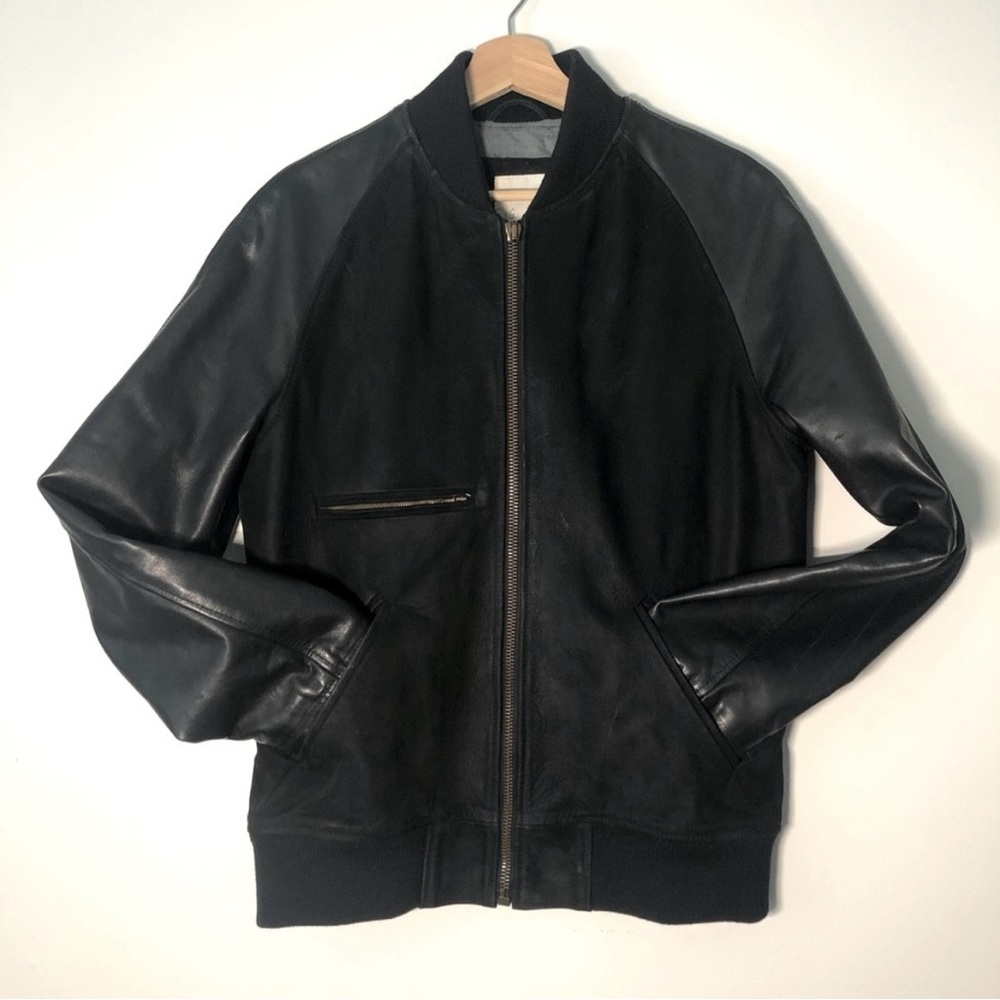 Billy Reid leather college jacket suede black